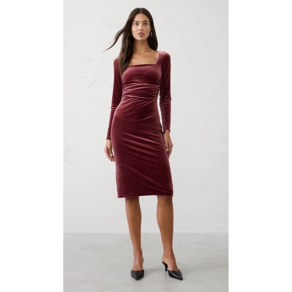 Banana Republic Velvet Shirred-Waist Below-Knee Dress Burgundy Sz S Same piece